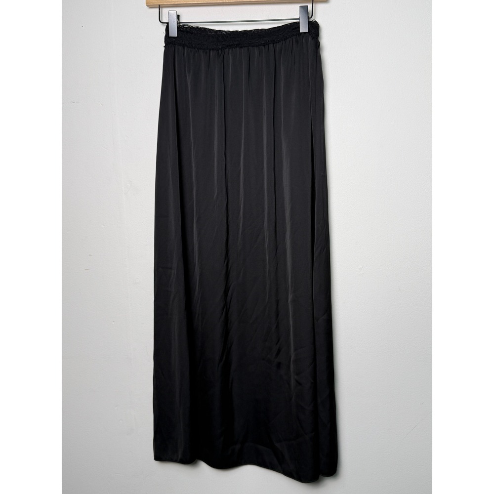 Kate Kasin Womens Black Slip Skirt Lace Trim Maxi Elastic Waist Small